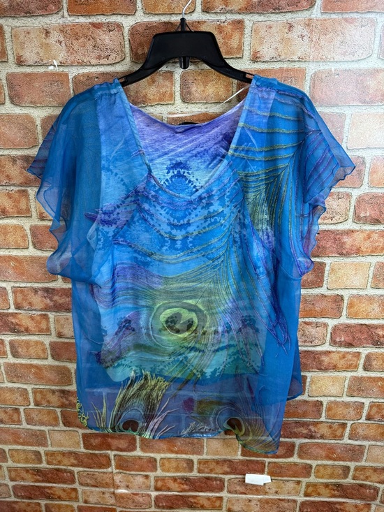 ONE WORLD Tops - Blue Peacock-Print Chiffon overlay Women's Top